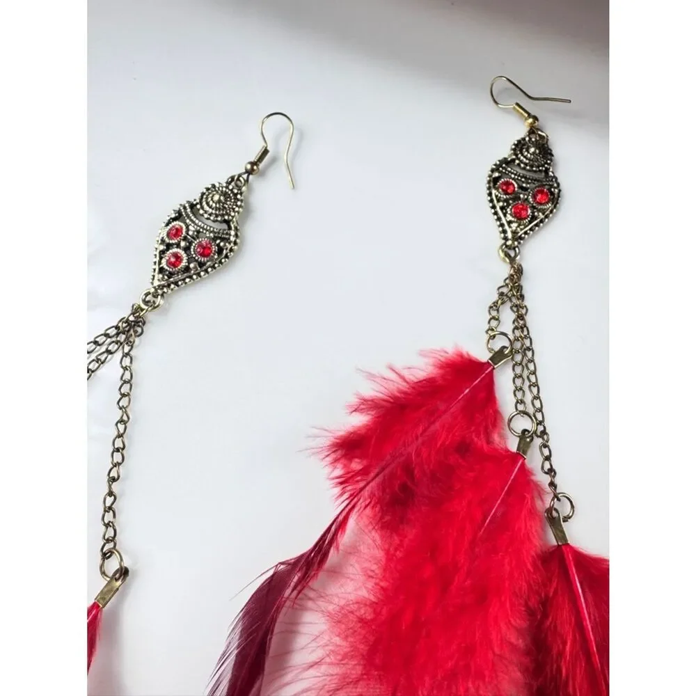 Red Feather Drop Earrings - Statement Feather Jewelry